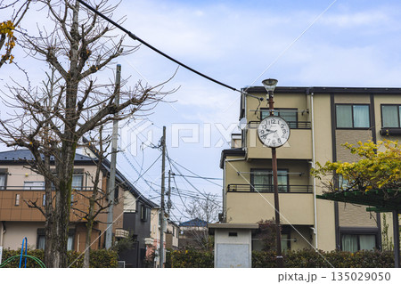 冬の児童公園に設置された屋外時計と住宅街 135029050