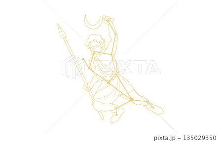 うしかい座の人物と星座線の線画イラスト（ゴールド色で線のみ） 135029350
