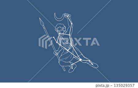 うしかい座の人物と星座線のイラスト（白色の線でネイビー色の背景） 135029357