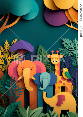ジャングルの象とキリンとオウムの切り絵風ペーパーアート（縦） 135029672