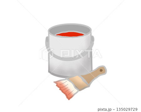 赤色の塗料が入ったバケツとペンキつきの刷毛のイラスト 135029729