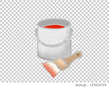 赤色の塗料が入ったバケツとペンキつきの刷毛のイラスト 135029729