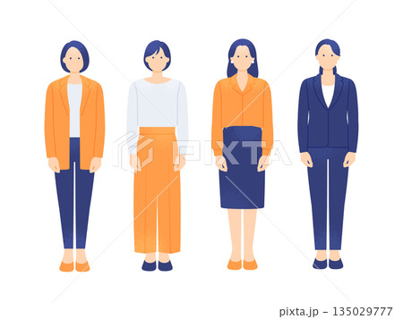 スーツやオフィスカジュアルな装いの女性。清潔感のあるビジネスウーマンが集合しているイラスト素材。 スーツやオフィスカジュアルな装いの女性。清潔感のあるビジネスウーマンが集合しているイラスト素材。 135029777