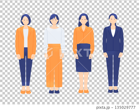 身著職業套裝和休閒辦公服裝的女性。一群幹練的職業女性的插圖。 135029777
