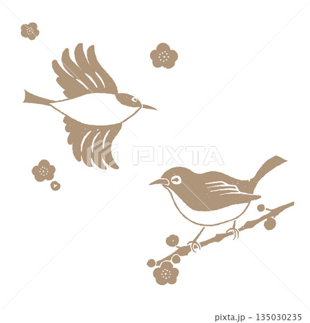 版画風 梅の花とメジロのセット 金 版画風 梅の花とメジロのセット 金 135030235