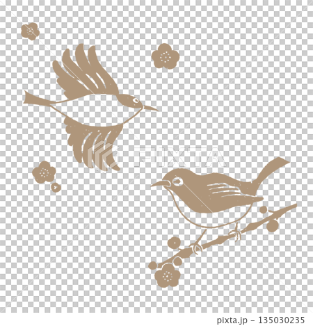 版画風 梅の花とメジロのセット 金 版画風 梅の花とメジロのセット 金 135030235