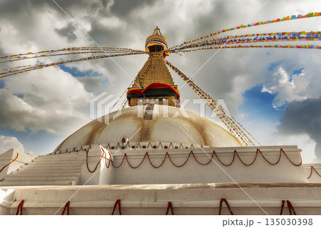 Boudha, bodhnath or Boudhanath stupa with prayer flags, the biggest Buddhist stupa in Kathmandu, Nepal. Boudha, bodhnath or Boudhanath stupa with prayer flags, the biggest Buddhist stupa in Kathmandu, Nepal. 135030398