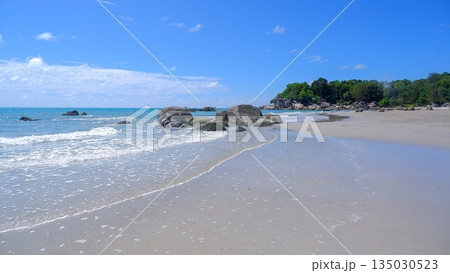 Beautiful Sungailiat Tropical Beach Landscape with White Sand Granite Rocks and Blue Sky in Bangka Island Indonesia 135030523