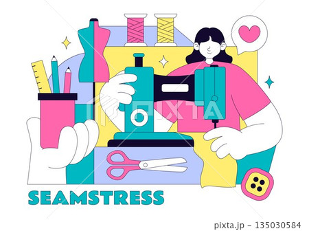 Seamstress Vector Illustration Featuring a Fashion Designer Sewing Dresses and Creating Outfits Inside a Tailor Shop with a Flat Style Background Seamstress Vector Illustration Featuring a Fashion Designer Sewing Dresses and Creating Outfits Inside a Tailor Shop with a Flat Style Background 135030584