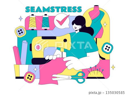 Seamstress Vector Illustration Featuring a Fashion Designer Sewing Dresses and Creating Outfits Inside a Tailor Shop with a Flat Style Background 135030585