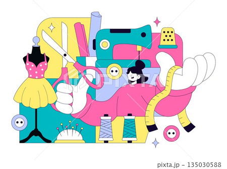 Seamstress Vector Illustration Featuring a Fashion Designer Sewing Dresses and Creating Outfits Inside a Tailor Shop with a Flat Style Background Seamstress Vector Illustration Featuring a Fashion Designer Sewing Dresses and Creating Outfits Inside a Tailor Shop with a Flat Style Background 135030588