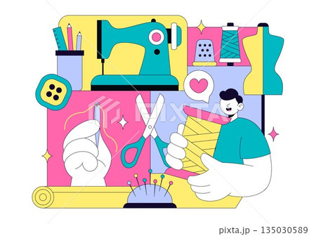 Seamstress Vector Illustration Featuring a Fashion Designer Sewing Dresses and Creating Outfits Inside a Tailor Shop with a Flat Style Background Seamstress Vector Illustration Featuring a Fashion Designer Sewing Dresses and Creating Outfits Inside a Tailor Shop with a Flat Style Background 135030589