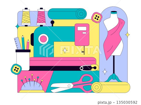 Seamstress Vector Illustration Featuring a Fashion Designer Sewing Dresses and Creating Outfits Inside a Tailor Shop with a Flat Style Background Seamstress Vector Illustration Featuring a Fashion Designer Sewing Dresses and Creating Outfits Inside a Tailor Shop with a Flat Style Background 135030592