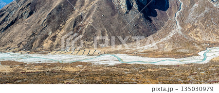 Scenic valley with river in Himalayan mountains between Tengboche and Lobuche, Nepal. Scenic valley with river in Himalayan mountains between Tengboche and Lobuche, Nepal. 135030979