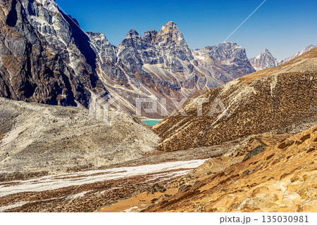 Scenic valley and Himalayan mountains peaks on trek between Tengboche and Lobuche, Nepal. 135030981