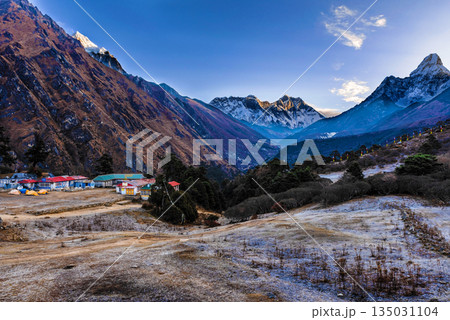 anoramic view of Mt. Everest, Lhotse, Nuptse and Ama Dablam from Tengboche, Nepal 135031104