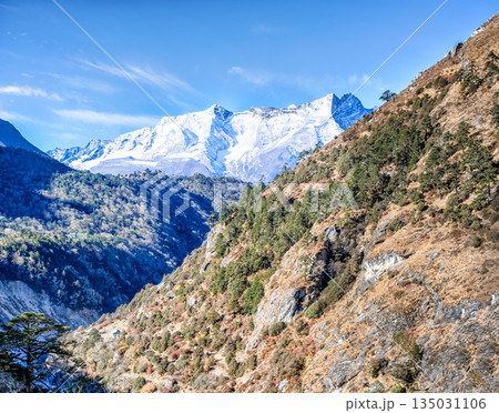 Scenic valley and mountains peaks on the trek between Tengboche and Dingboche, Nepal. Scenic valley and mountains peaks on the trek between Tengboche and Dingboche, Nepal. 135031106