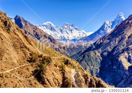 Mt. Everest, Lhotse, Nuptse and Ama Dablam on the trek route from Namche Bazaar to Tengboche 135031124