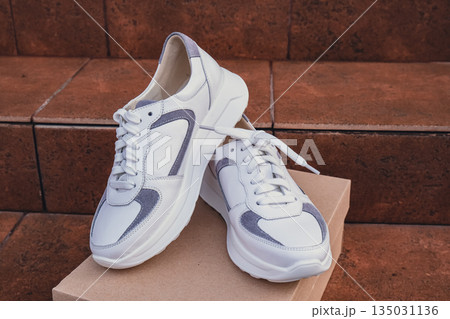 Minimalist eco-friendly white sneakers placed on recycled cardboard box, clean design for sustainable fashion concepts. New unbranded white sneakers footwear mockups and modern product displays. For Minimalist eco-friendly white sneakers placed on recycled cardboard box, clean design for sustainable fashion concepts. New unbranded white sneakers footwear mockups and modern product displays. For 135031136