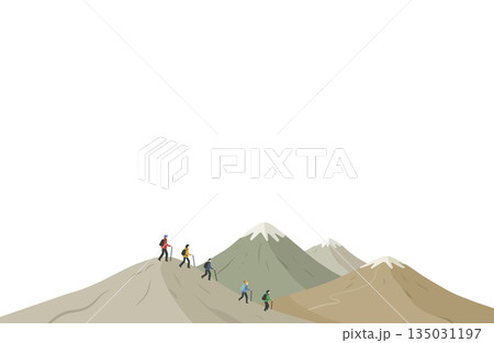 山の背景と登山を楽しむグループの手描き風イラスト 135031197