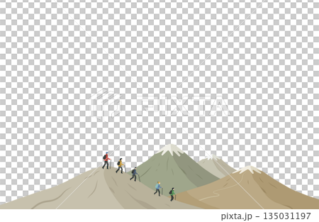 山の背景と登山を楽しむグループの手描き風イラスト 135031197