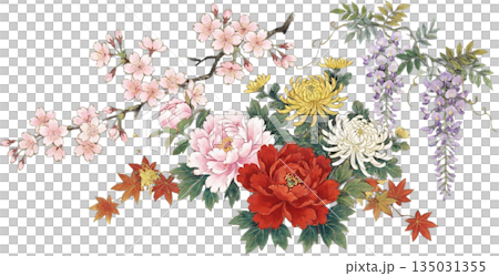 淡い色彩の春の花 日本画風の繊細な植物イラスト 135031355