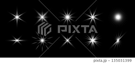 White glowing sparkle set. Shining light flare effect collection. Radiant sun beam burst bundle. Magical stars, twinkles and sparks glowing pack. Starlight rays radiance sun elements. Vector White glowing sparkle set. Shining light flare effect collection. Radiant sun beam burst bundle. Magical stars, twinkles and sparks glowing pack. Starlight rays radiance sun elements. Vector 135031399