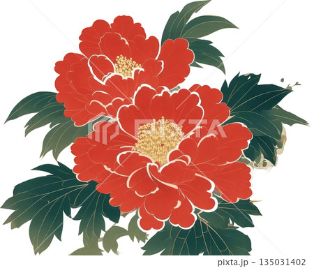 淡い色彩の春の花 日本画風の繊細な植物イラスト 135031402