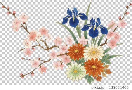 淡い色彩の春の花 日本画風の繊細な植物イラスト 135031403