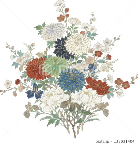 淡い色彩の春の花 日本画風の繊細な植物イラスト 135031404