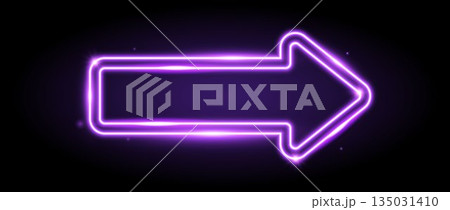 Purple neon arrow element. Violet pink glowing led direction sign. Shine tube lamps in arrowhead shape. Vector neon led light. Bright luminous fluorescent pointer effect for banner, poster, logo 135031410