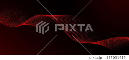 Red dotted wavy pattern background. Dark red flowing wave particles concept. Tech halftone curved lines wallpaper for science banner, technology poster, presentation, booklet, flyer. Vector 135031413
