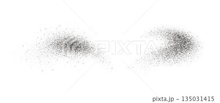 Black pepper powder splashes. Flying seasoning particles burst. Grey dust sand and dirt textured piles. Salt and pepper flakes scattered on surface. Dried spicy explosion. Vector illustration 135031415