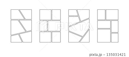 Comic book panel frame collection. Pop art template grid page set. Empty image collage moodboard layout pack. Picture mood board ideas. Storyboard design pack for photo, poster, manga mockup. Vector 135031421