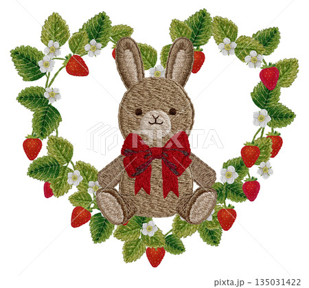 【イチゴとウサギのぬいぐるみのハートフレーム】手刺繍イラスト素材 【イチゴとウサギのぬいぐるみのハートフレーム】手刺繍イラスト素材 135031422