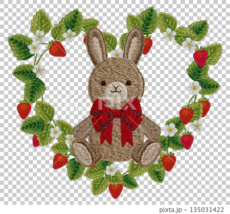 【イチゴとウサギのぬいぐるみのハートフレーム】手刺繍イラスト素材 【イチゴとウサギのぬいぐるみのハートフレーム】手刺繍イラスト素材 135031422