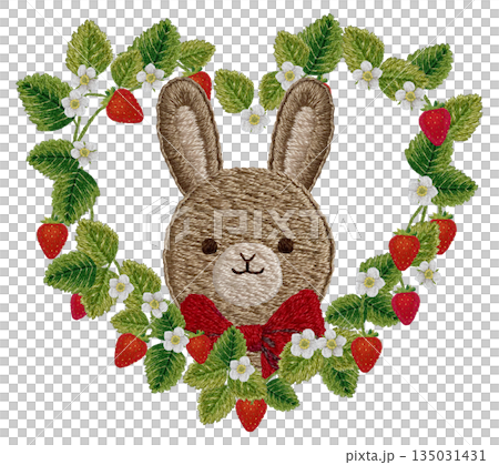 [Strawberry and rabbit plush toy heart frame] Hand embroidery illustration material 135031431