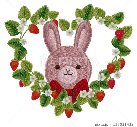 【イチゴとウサギのぬいぐるみのハートフレーム】手刺繍イラスト素材 【イチゴとウサギのぬいぐるみのハートフレーム】手刺繍イラスト素材 135031432