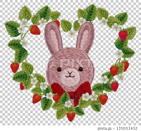 【イチゴとウサギのぬいぐるみのハートフレーム】手刺繍イラスト素材 【イチゴとウサギのぬいぐるみのハートフレーム】手刺繍イラスト素材 135031432