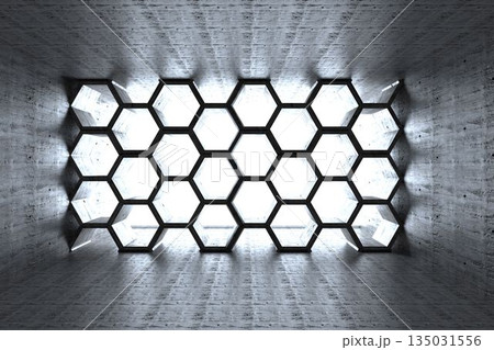 Honeycomb hexagonal grid window casting light and geometric shadows in concrete chamber, 3D render 135031556