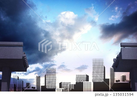 Unfinished concrete beams are framing grid-like skyline silhouette in flat design, dawn clouds 135031594