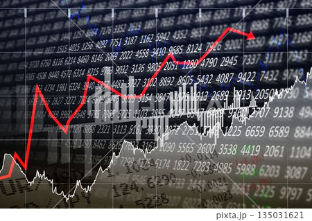 Flat design chart showing red ascending arrow rising amid blue white line charts with numeric grid 135031621