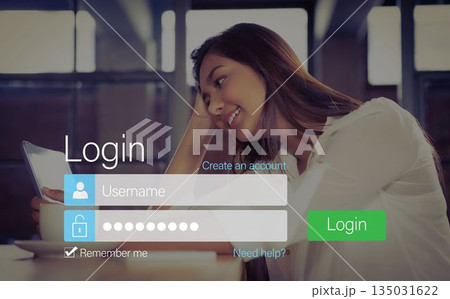 Login screen with dark-haired woman and laptop 135031622