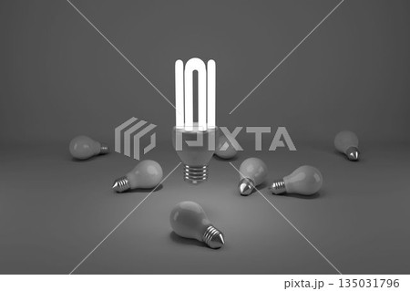 Illustration of lit energy efficient lightbulb over bulbs 135031796