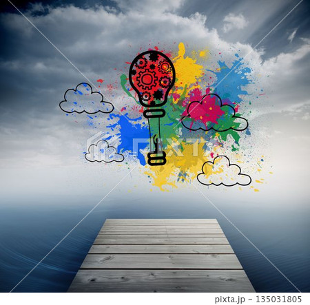 Hot air balloon on splashes over ocean 135031805