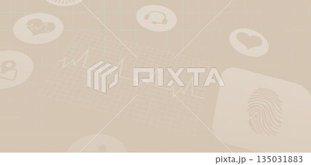 Displaying ECG waveform on faint grid in flat UI showing fingerprint heart headset and avatar icons Displaying ECG waveform on faint grid in flat UI showing fingerprint heart headset and avatar icons 135031883