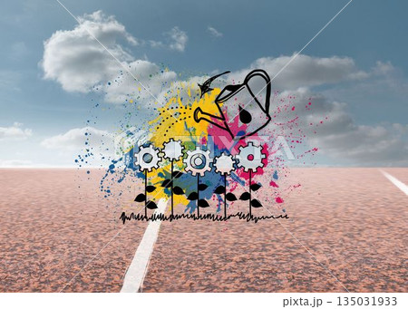 Graphic with watering can watering cogwheels on landscape Graphic with watering can watering cogwheels on landscape 135031933