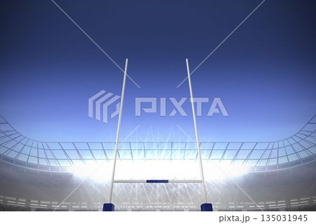 Showing white metal goalposts in flat design stadium at dusk under floodlights glass-steel canopy Showing white metal goalposts in flat design stadium at dusk under floodlights glass-steel canopy 135031945