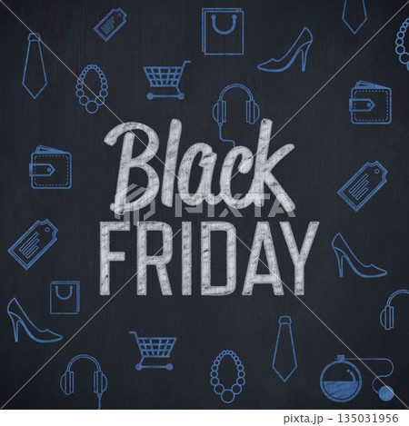 Black Friday text is appearing on slate-gray chalkboard background, with light blue shopping icons Black Friday text is appearing on slate-gray chalkboard background, with light blue shopping icons 135031956