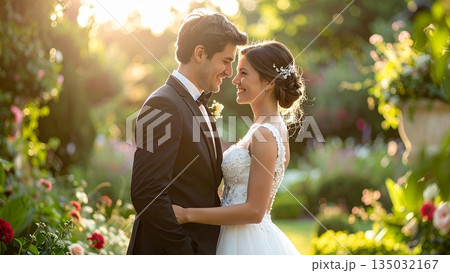 結婚式場 新郎新婦 笑顔 2人 アメリカ人 16:9サイズ 背景素材 AI生成素材 結婚式場 新郎新婦 笑顔 2人 アメリカ人 16:9サイズ 背景素材 AI生成素材 135032167